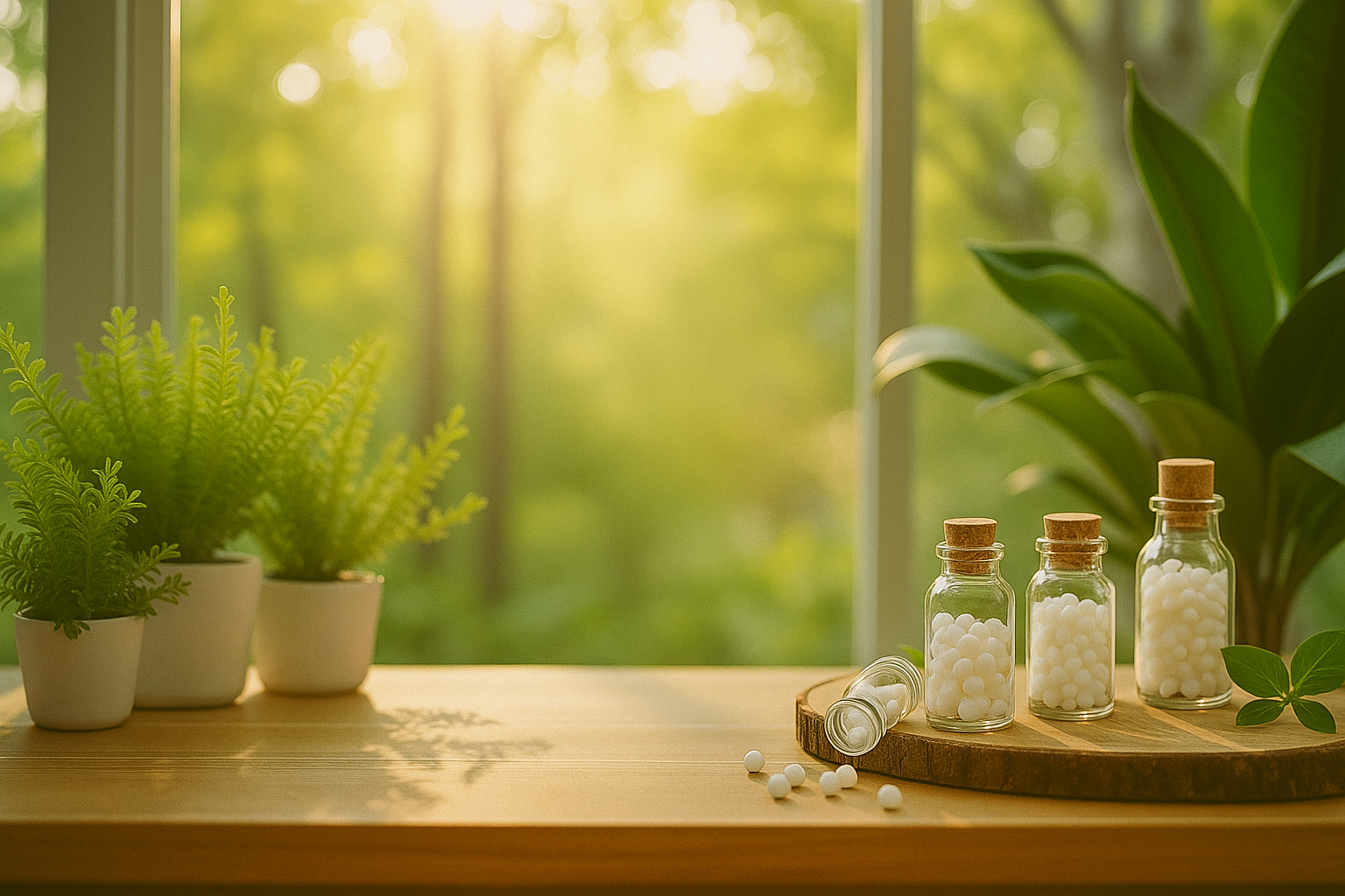 Homeopathic medicine bottles on wooden tray